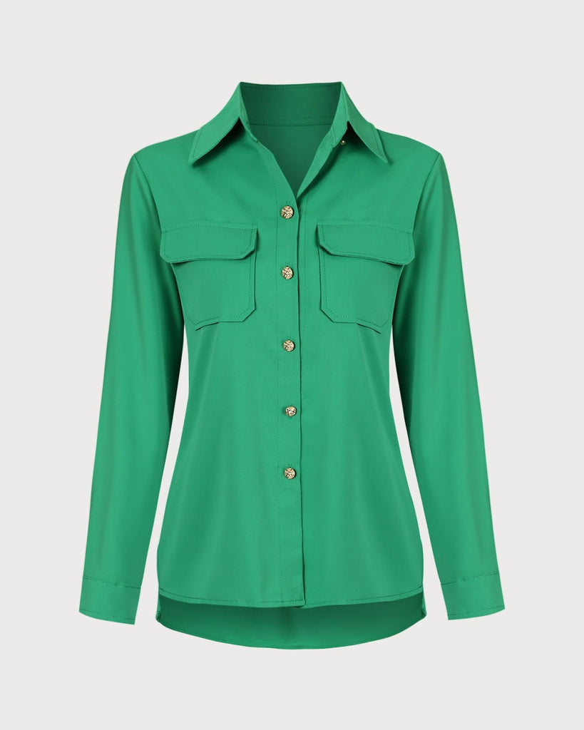 The Green Button-Down Pocket Shirt Green Tops - RIHOAS