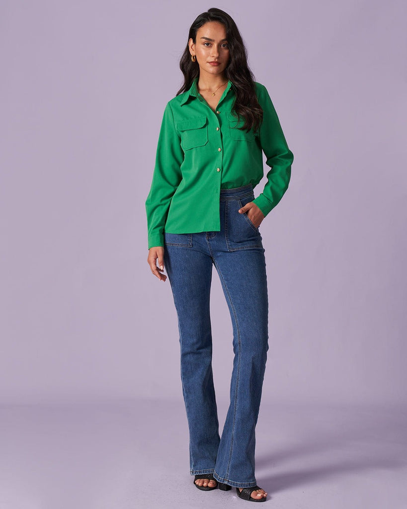 The Green Button-Down Pocket Shirt Tops - RIHOAS