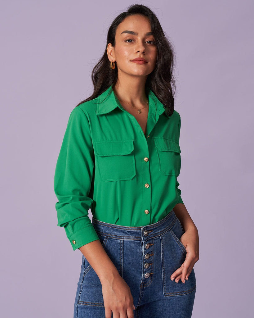 The Green Button-Down Pocket Shirt Tops - RIHOAS