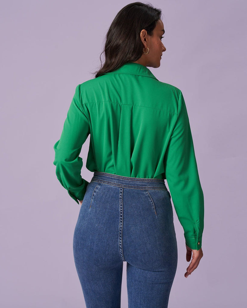 The Green Button-Down Pocket Shirt Tops - RIHOAS