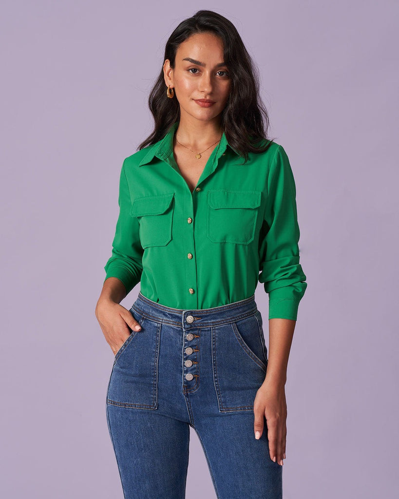 The Green Button-Down Pocket Shirt Tops - RIHOAS
