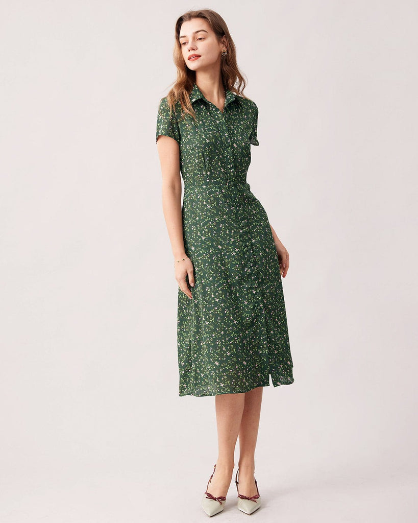 The Green Collared Ditsy Floral Midi Dress Dresses - RIHOAS