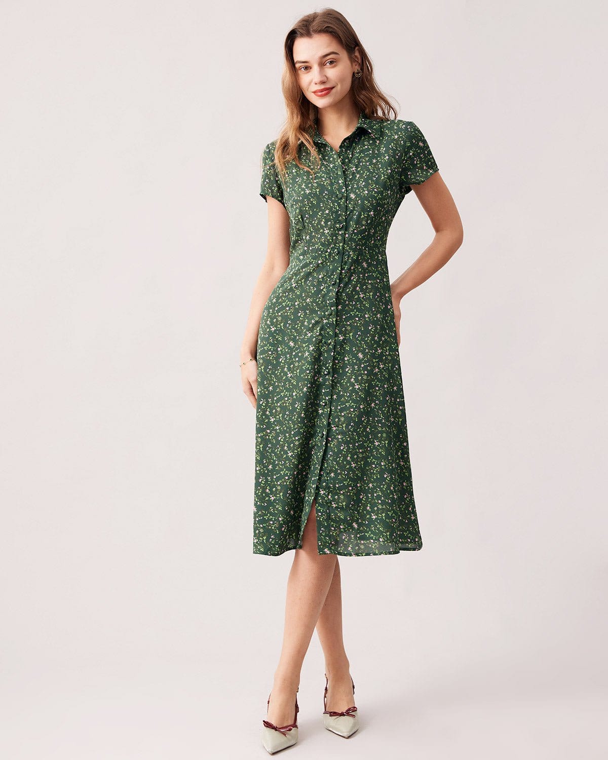 The Green Lapel Button Up Floral Midi Dress Green Dress With Buttons The Green Lapel Button Up Floral Midi Dress Green Dress With Buttons