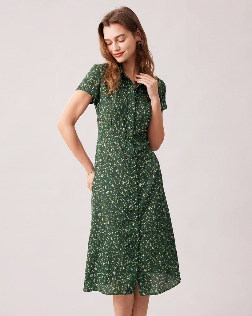 The Green Collared Ditsy Floral Midi Dress Green Dresses - RIHOAS