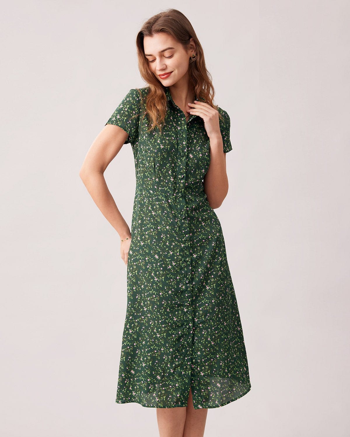 Lapel Button Up Floral Midi Dress