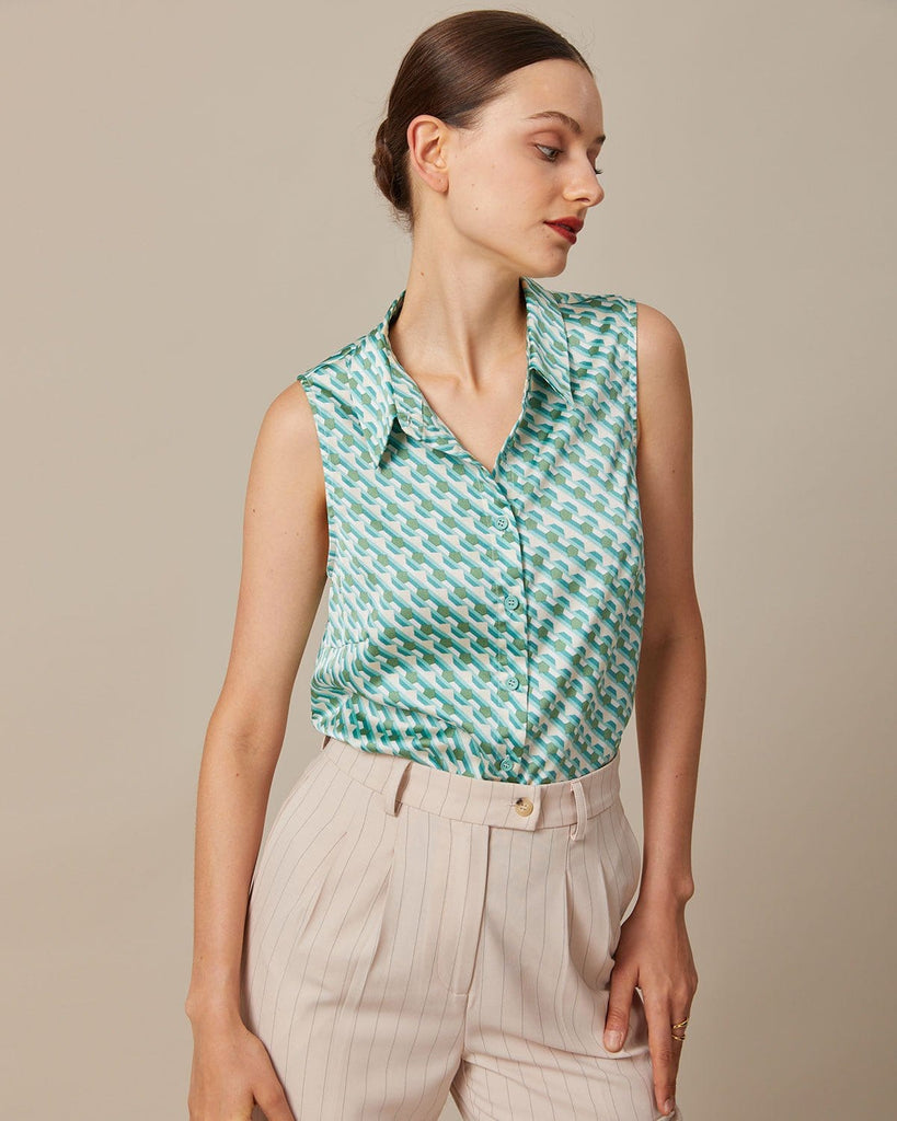 The Green Collared Geometric Print Vest Green Tops - RIHOAS