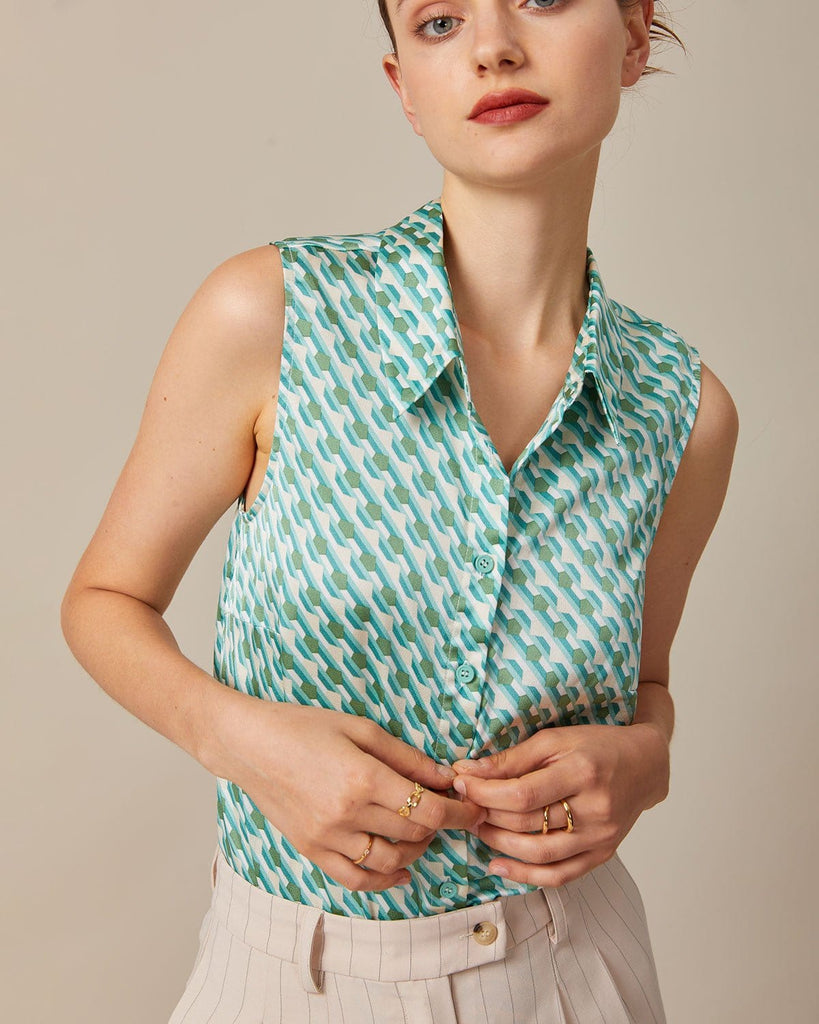 The Green Collared Geometric Print Vest Tops - RIHOAS