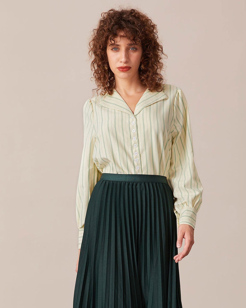 The Green Collared Striped Blouse Green Tops - RIHOAS