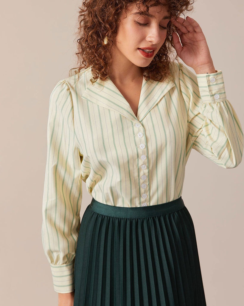 The Green Collared Striped Blouse Tops - RIHOAS