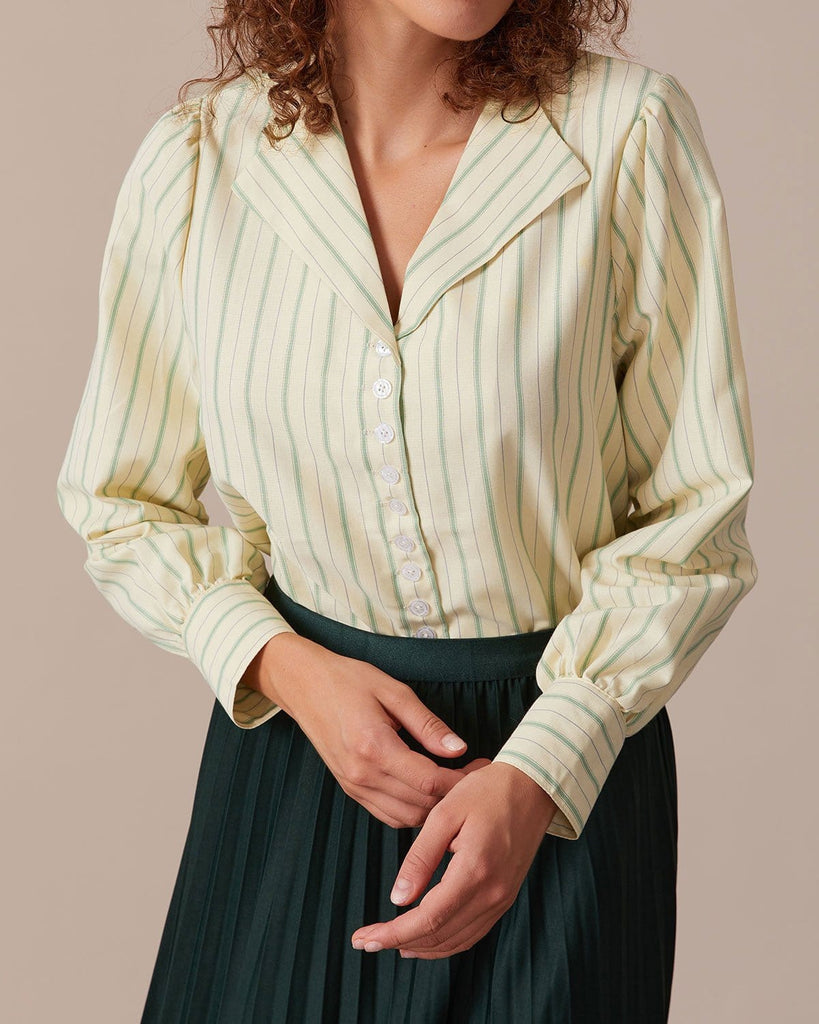 The Green Collared Striped Blouse Tops - RIHOAS