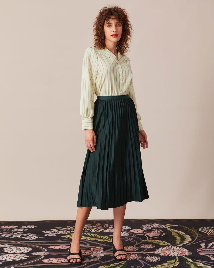 The Green Collared Striped Blouse Tops - RIHOAS