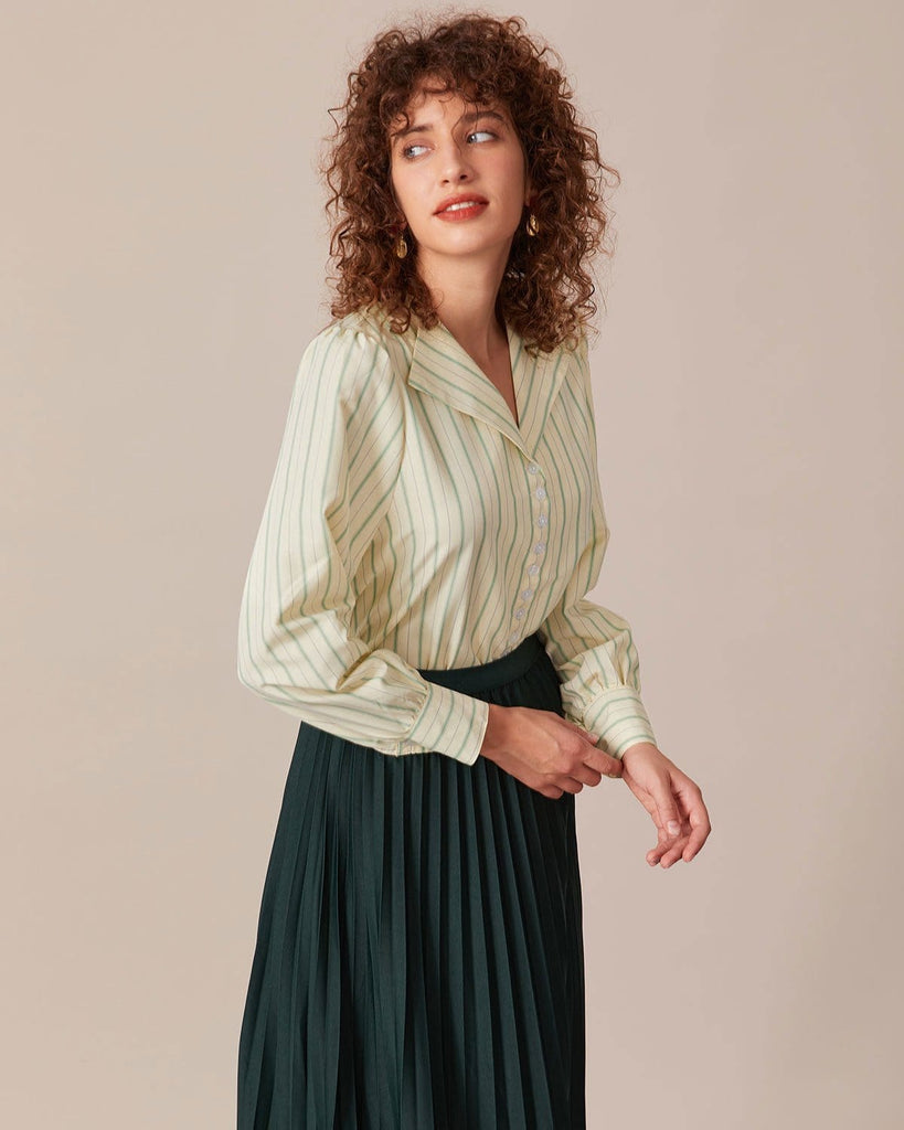 The Green Collared Striped Blouse Tops - RIHOAS