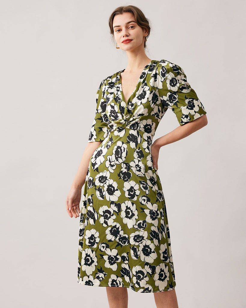 The Green Deep V Neck Floral Dress Dresses - RIHOAS