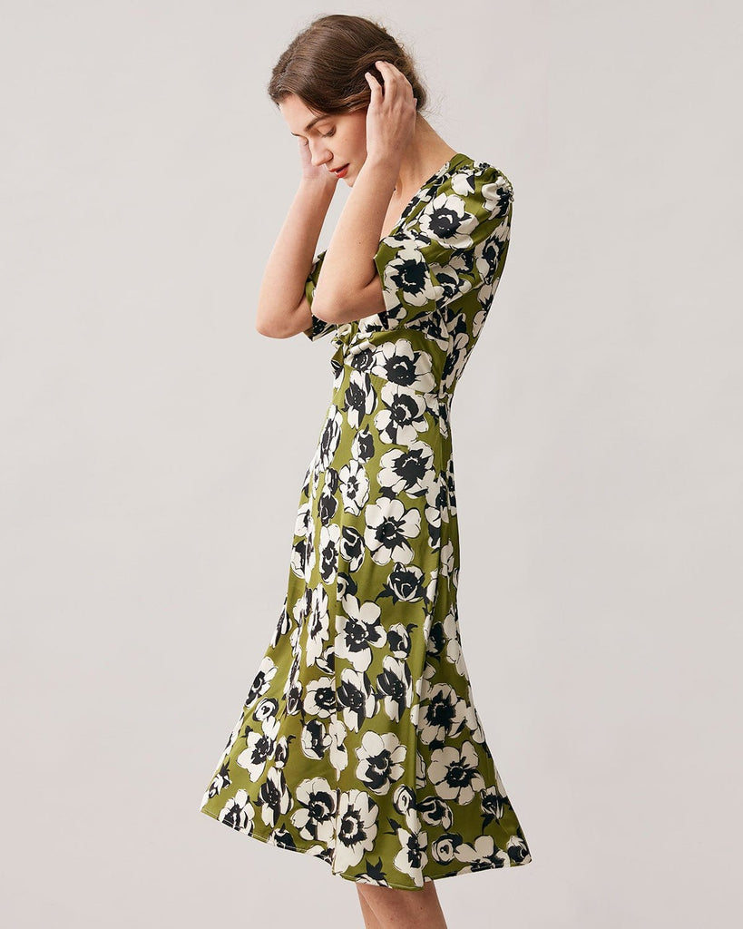 The Green Deep V Neck Floral Dress Dresses - RIHOAS