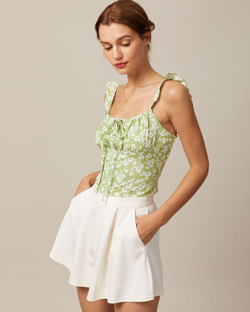 The Green Floral Ruffle Sleeve Tank Top Green Tops - RIHOAS