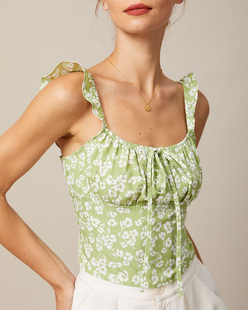 The Green Floral Ruffle Sleeve Tank Top Tops - RIHOAS