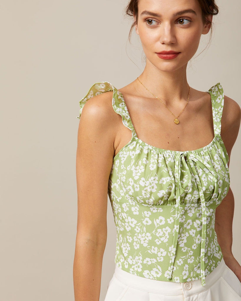 The Green Floral Ruffle Sleeve Tank Top Tops - RIHOAS