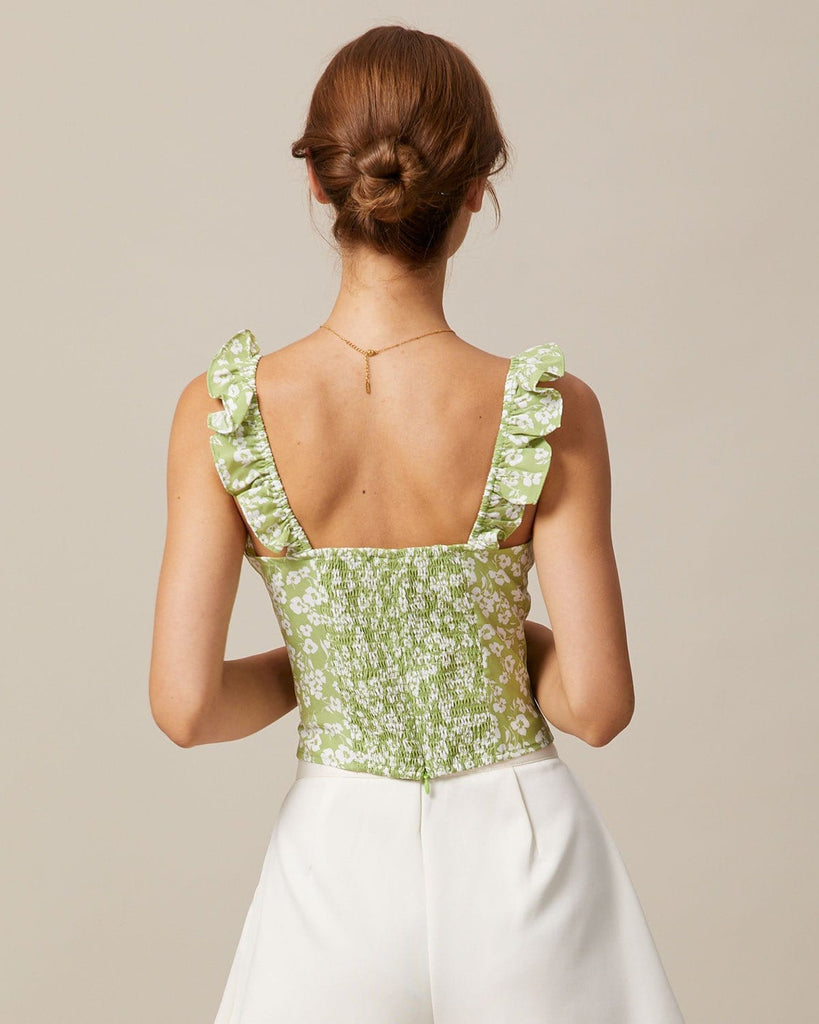 The Green Floral Ruffle Sleeve Tank Top Tops - RIHOAS