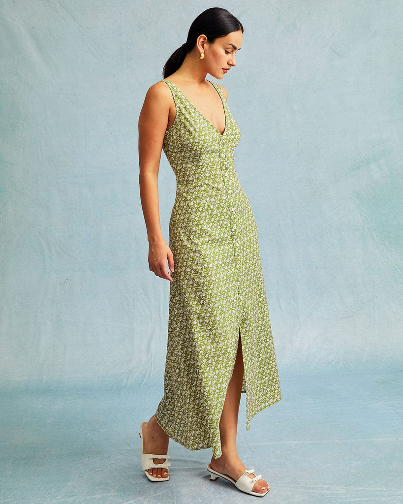 The Green Floral Single-breasted Maxi Dress & Reviews - Green - Dresses ...