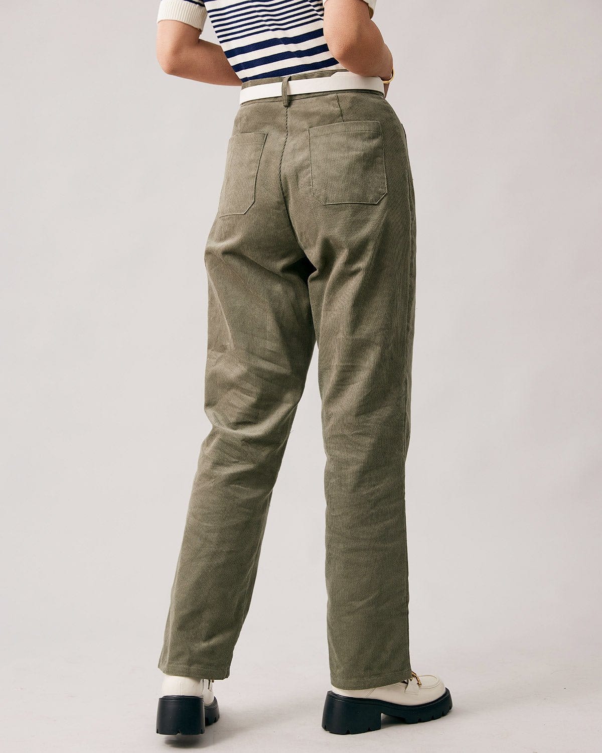 The Green High Waisted Corduroy Pants - Women's Corduroy High Waist Pants,  Straight, Cotton - Green - Bottoms