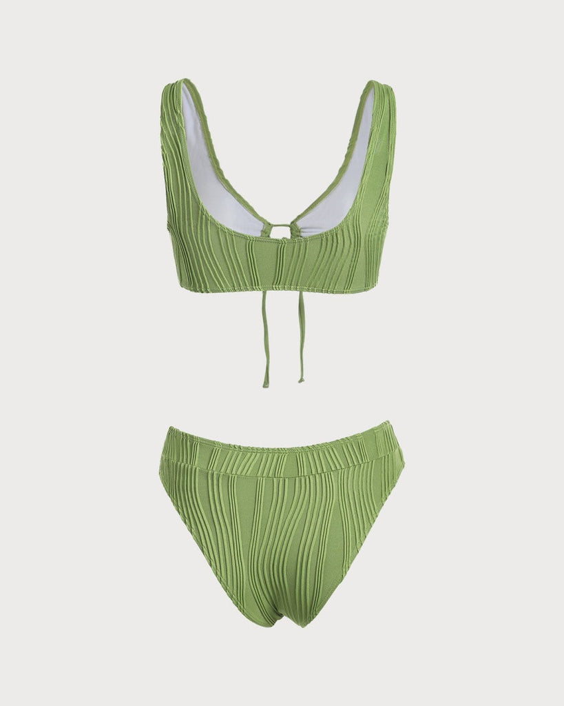 The Green Hollow Out Front Textured Bikini Set Bikinis - RIHOAS