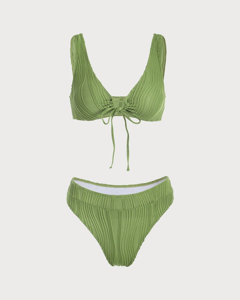The Green Hollow Out Front Textured Bikini Set Green Bikinis - RIHOAS
