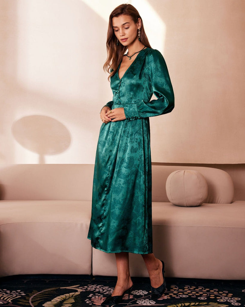 The Green Jacquard Long Sleeve Midi Dress Dresses - RIHOAS