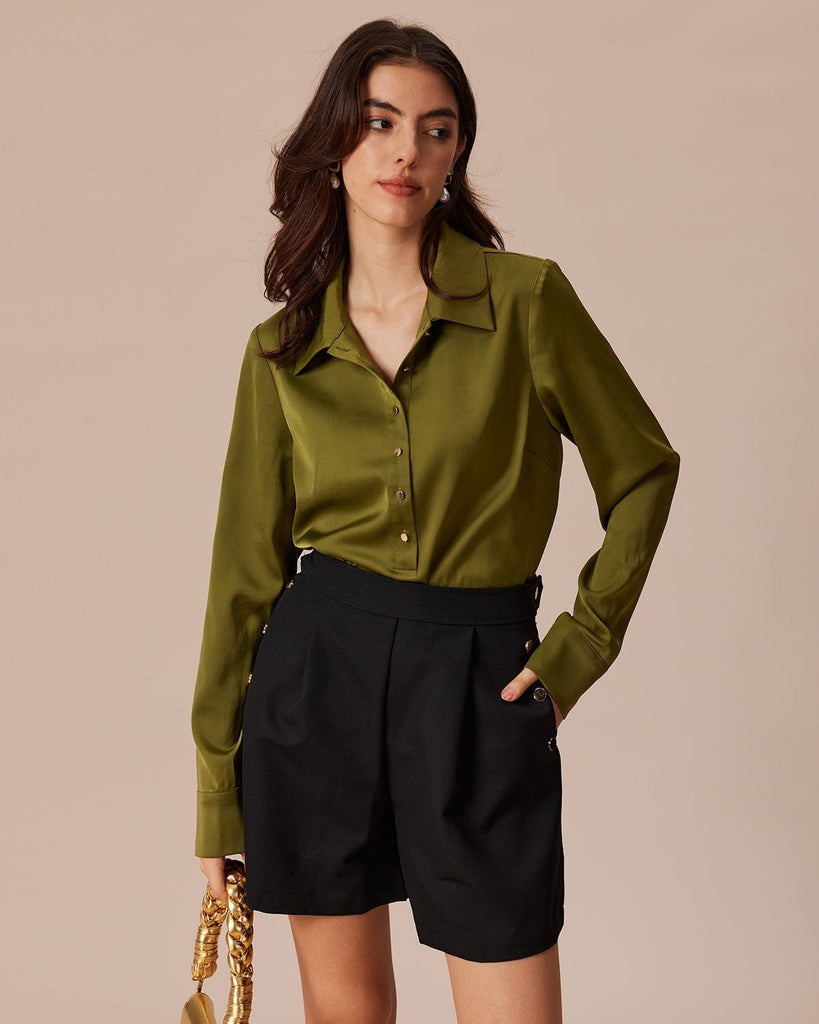 The Green Lapel Satin Shirt Green Tops - RIHOAS