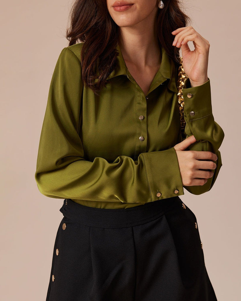 The Green Lapel Satin Shirt Tops - RIHOAS