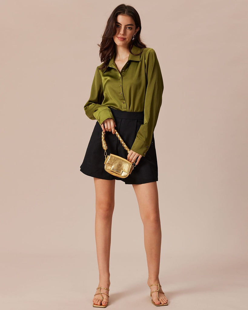 The Green Lapel Satin Shirt Tops - RIHOAS