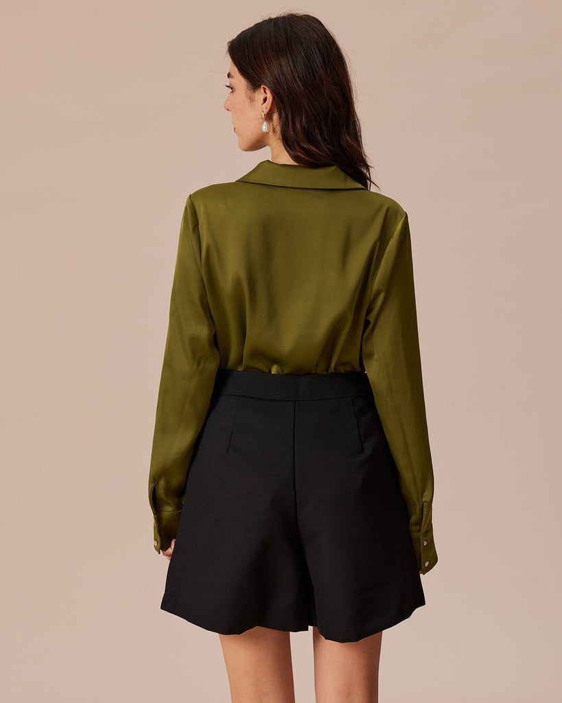 The Green Lapel Satin Shirt Tops - RIHOAS