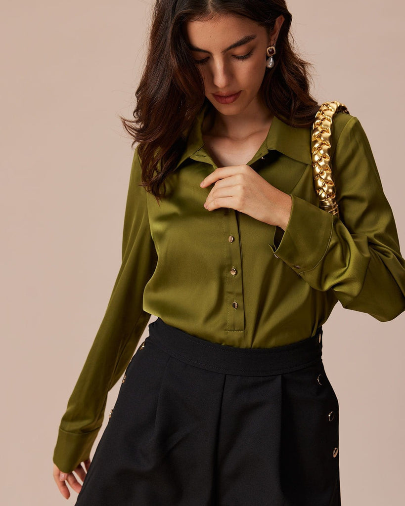 The Green Lapel Satin Shirt Tops - RIHOAS