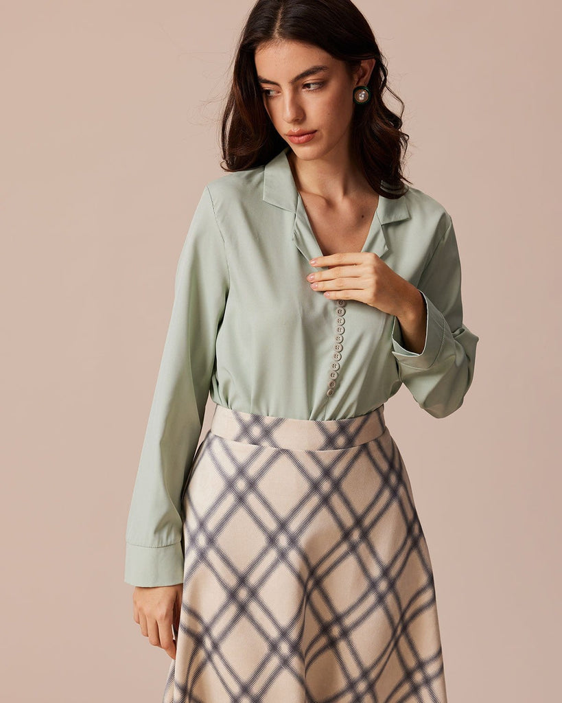 The Green Lapel Solid Button Shirt Tops - RIHOAS
