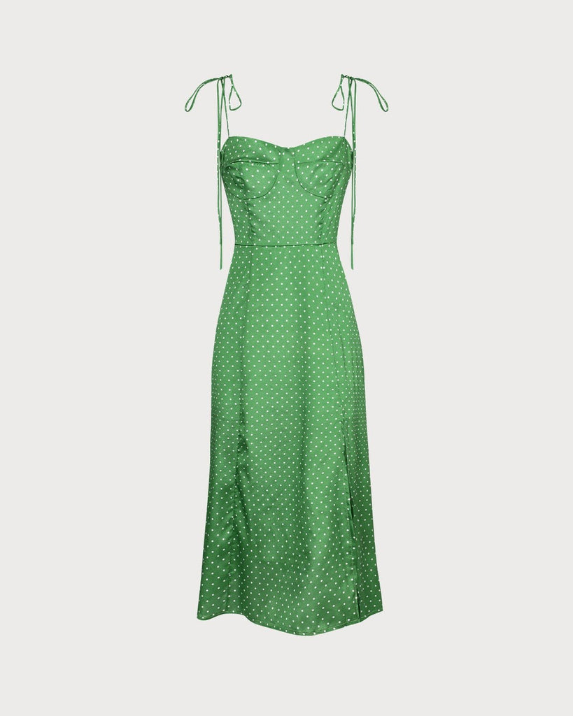 The Green Polka Dot Slit Midi Dress Green Dresses - RIHOAS