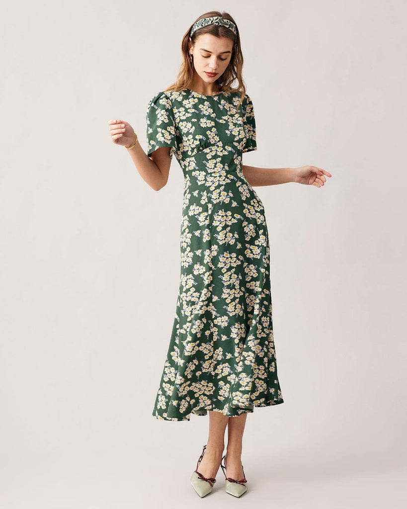 The Green Round Neck Floral Hollow Out Maxi Dress Dresses - RIHOAS