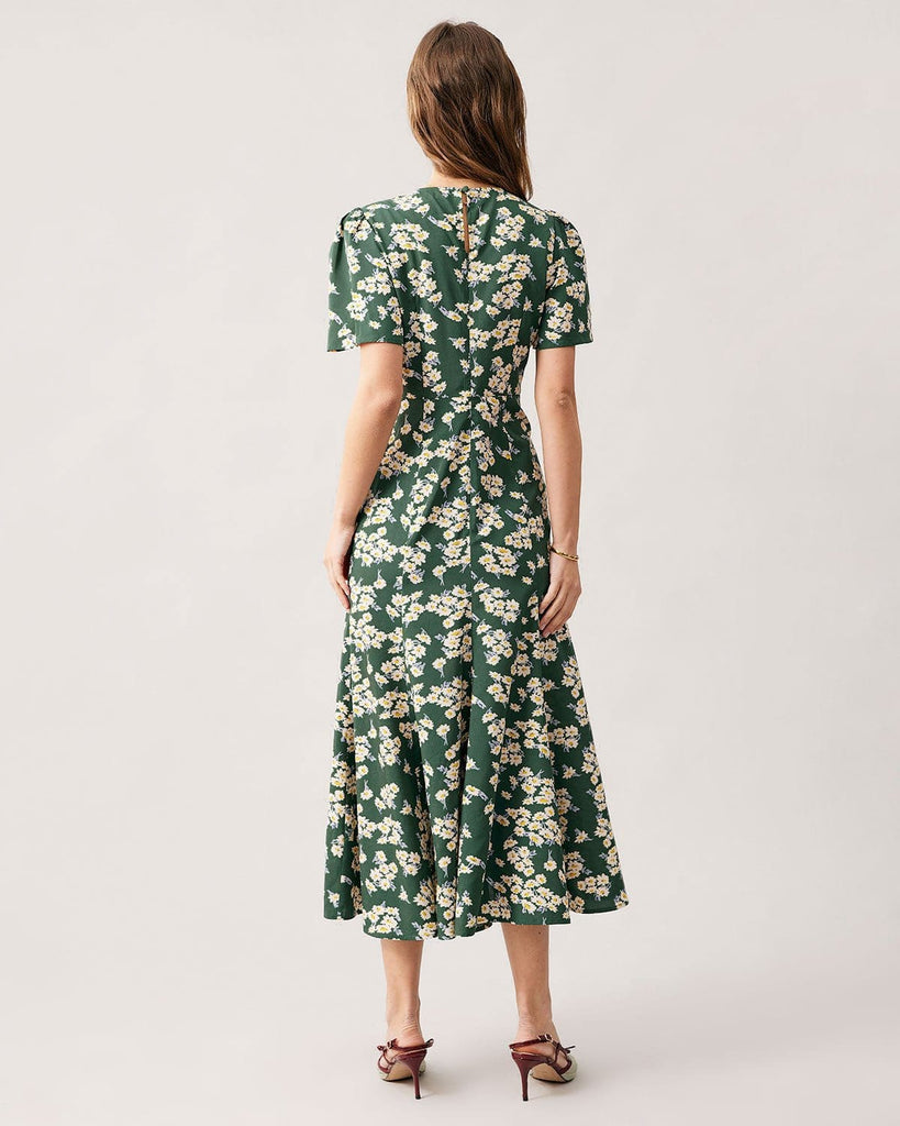 The Green Round Neck Floral Hollow Out Maxi Dress Dresses - RIHOAS