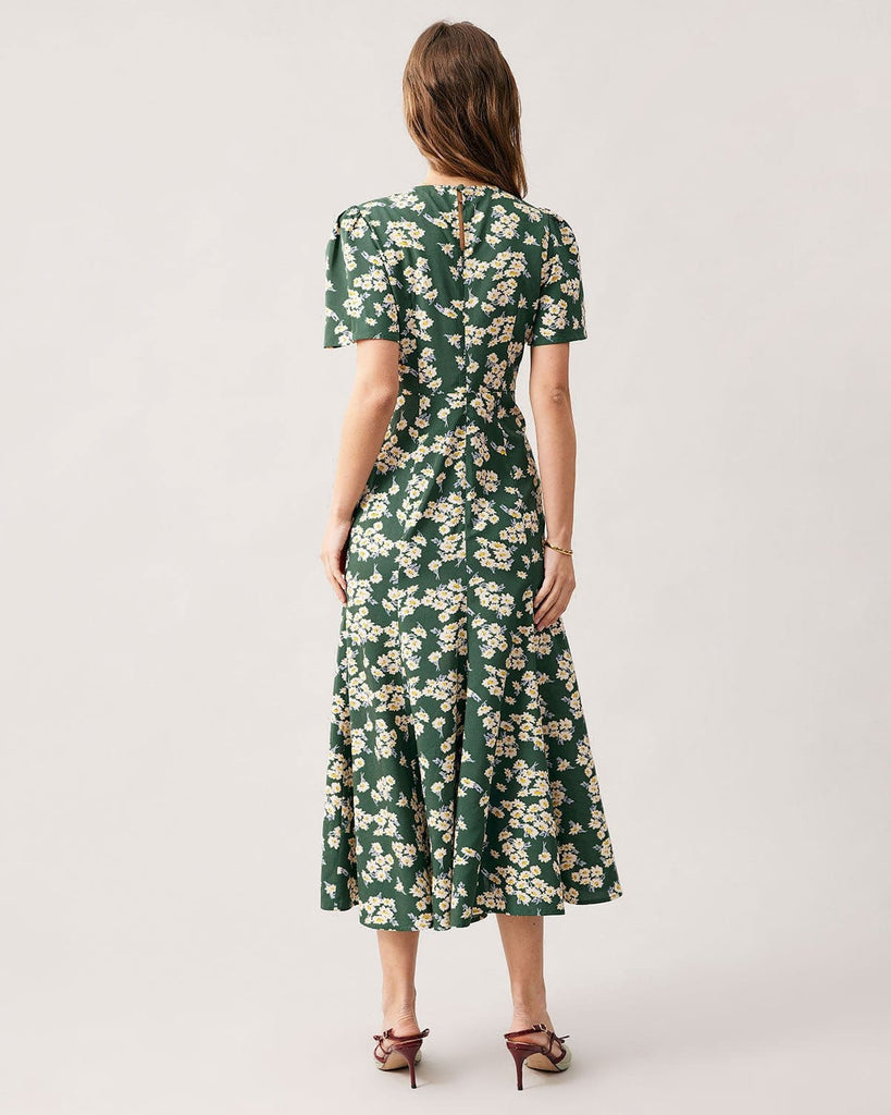 The Green Round Neck Short Sleeve Floral Midi Dress Round Neck Short the-green-round-neck-short-sleeve-floral-midi-dress-round-neck-short