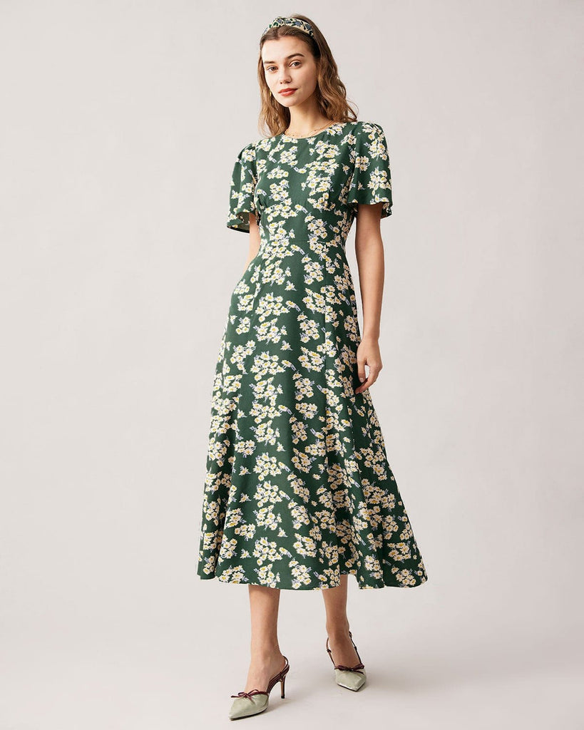The Green Round Neck Floral Hollow Out Maxi Dress Green Dresses - RIHOAS