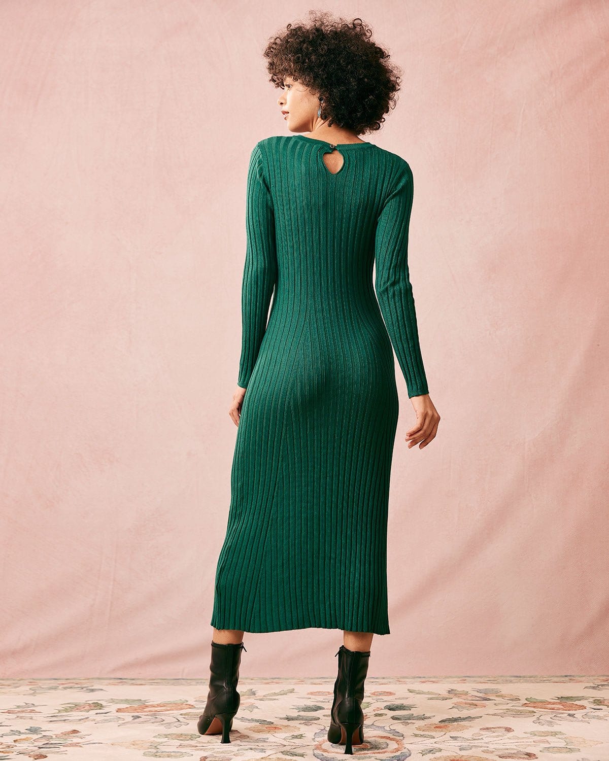 The Green Round Neck Long Sleeve Knit Midi Dress & Reviews - Green ...
