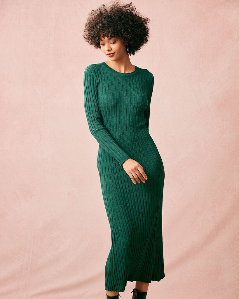 The Green Round Neck Ribbed Midi Dress Green Dresses - RIHOAS