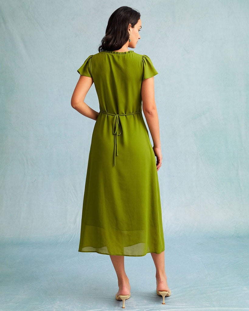 The Green Ruched Trim Midi Dress Dresses - RIHOAS