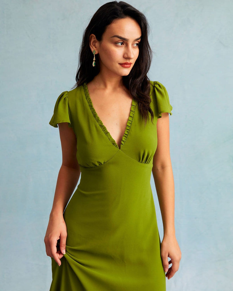 The Green Ruched Trim Midi Dress Dresses - RIHOAS
