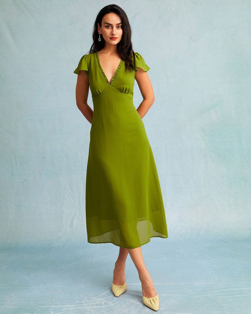 The Green Ruched Trim Midi Dress Dresses - RIHOAS