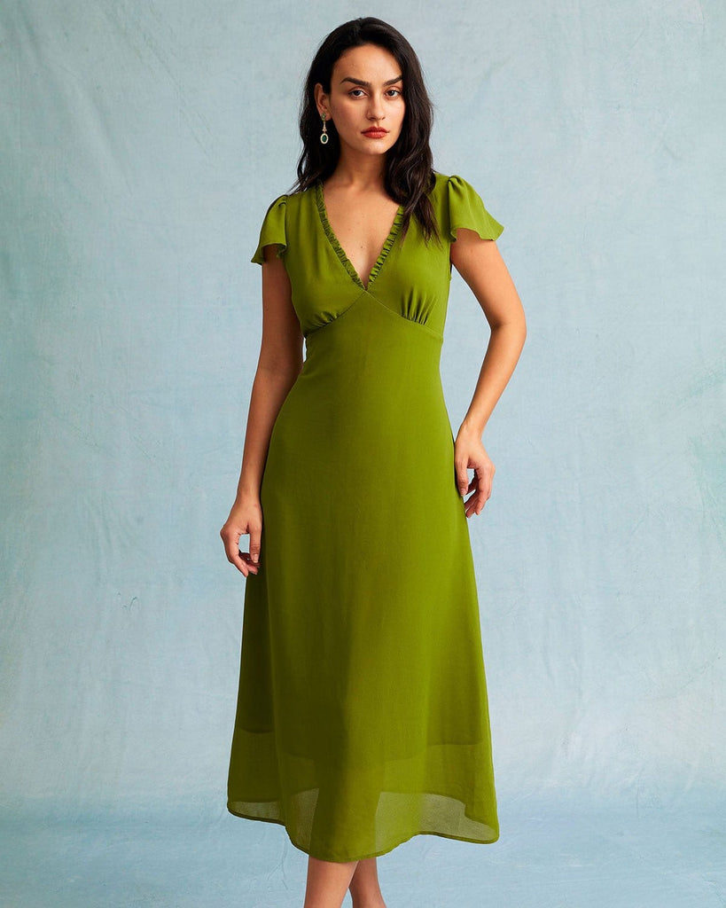The Green Ruched Trim Midi Dress Green Dresses - RIHOAS