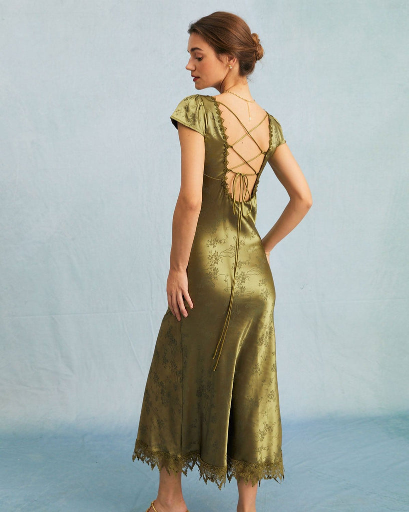 The Green Satin Jacquard Lace Midi Dress Dresses - RIHOAS