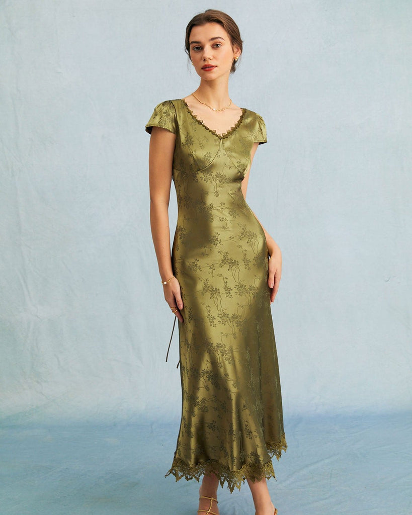 The Green Satin Jacquard Lace Midi Dress Dresses - RIHOAS