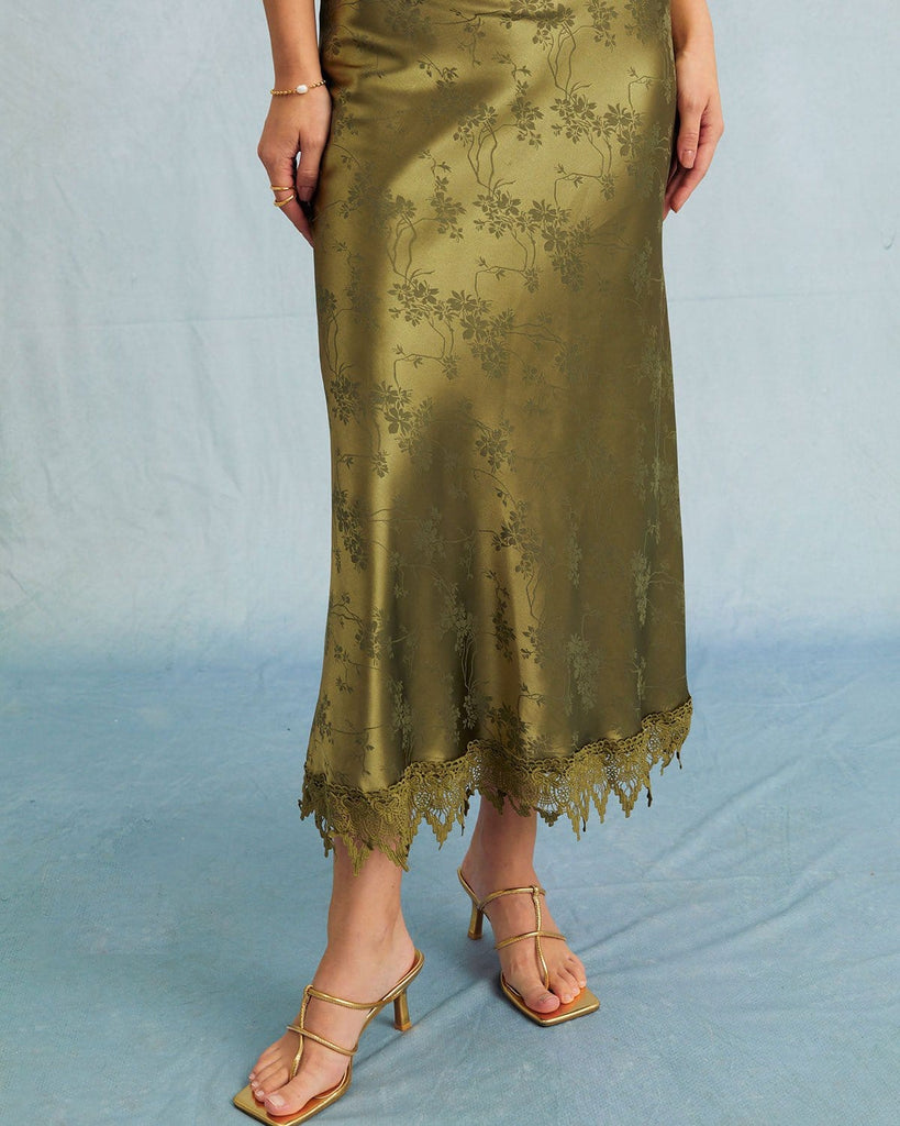 The Green Satin Jacquard Lace Midi Dress Dresses - RIHOAS