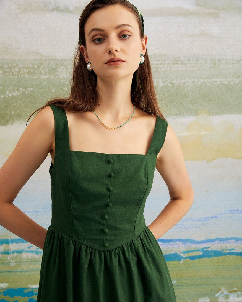 The Green Square Neck A-Line Midi Dress Dresses - RIHOAS