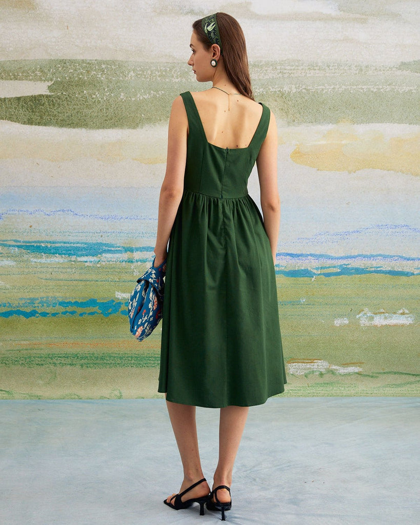 The Green Square Neck A-Line Midi Dress Dresses - RIHOAS