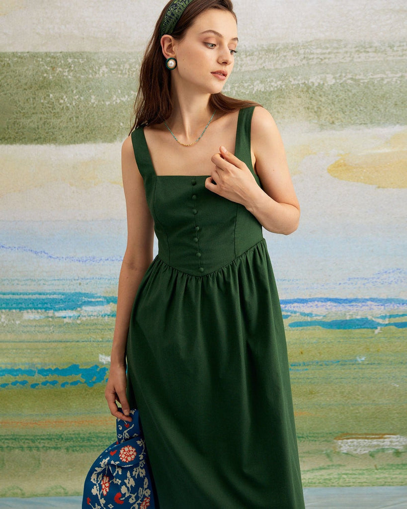 The Green Square Neck A-Line Midi Dress Dresses - RIHOAS